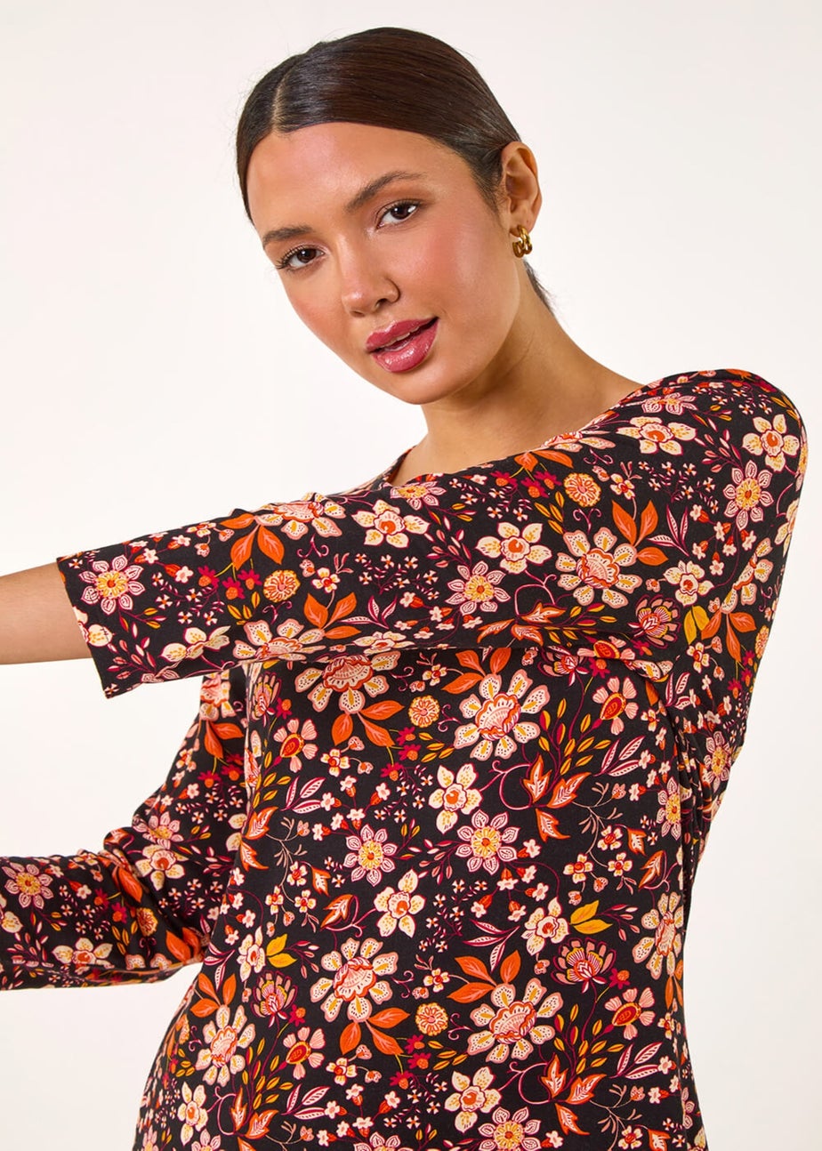 Roman Orange Floral Print Jersey Tunic Top