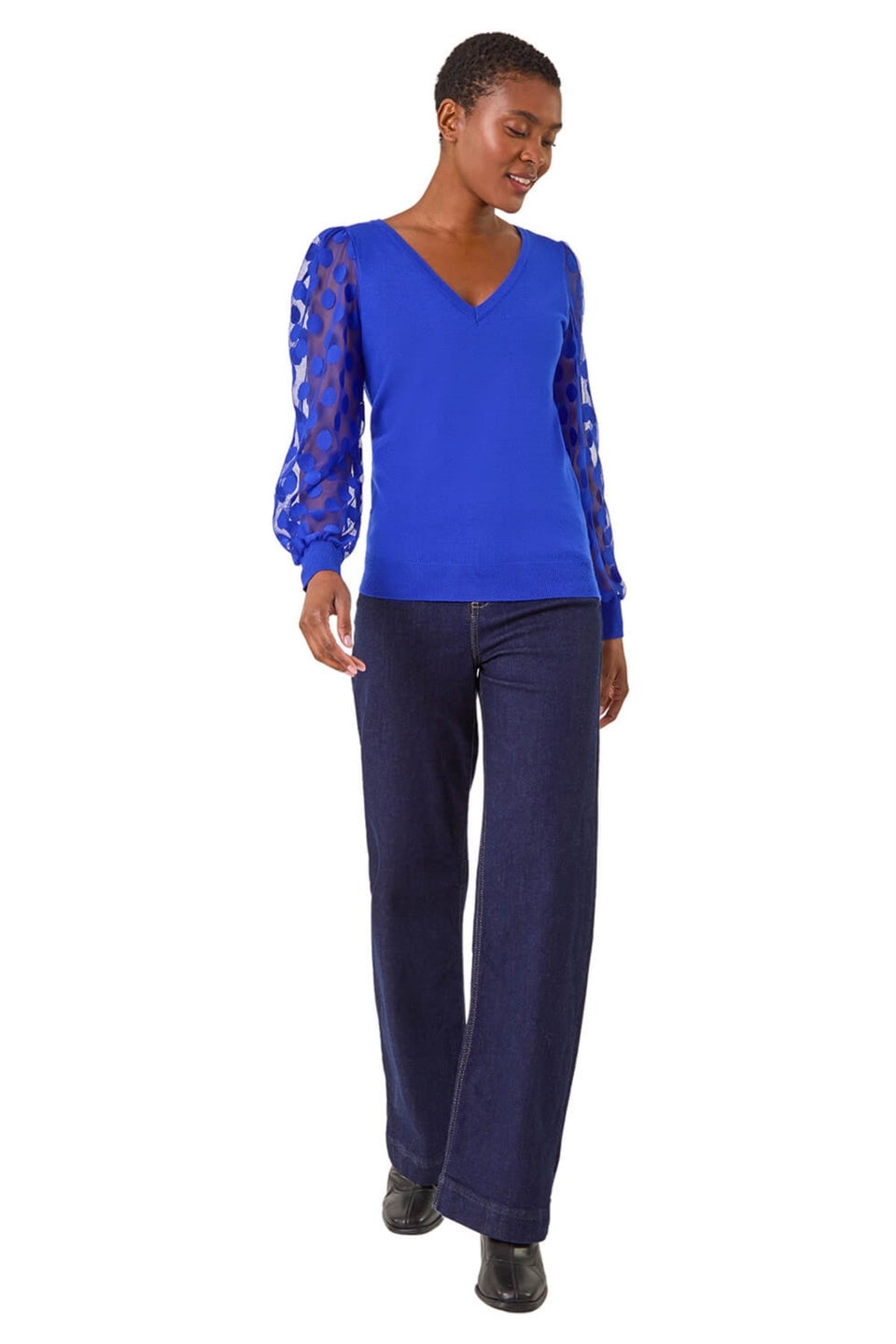 Roman Royal Blue Polka Dot V-Neck Sleeve Knit Jumper