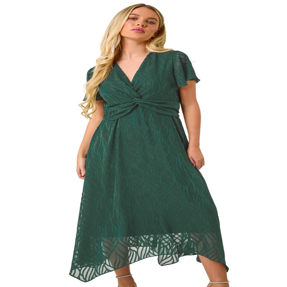 Roman Green Petite Front Twist Jacquard Dress