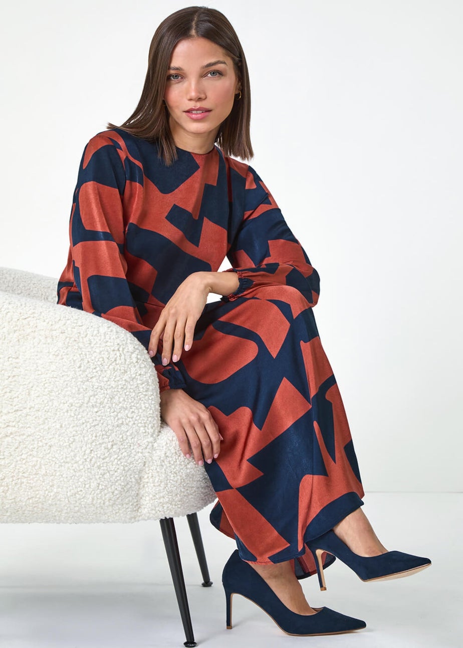 Roman Rust Geometric Colour Block Print Midi Dress