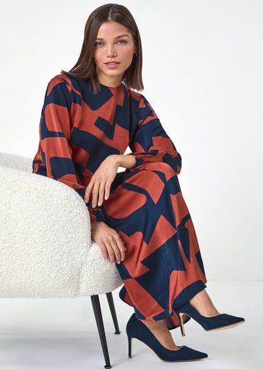 Roman Rust Geometric Colour Block Print Midi Dress