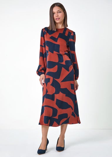 Roman Rust Geometric Colour Block Print Midi Dress