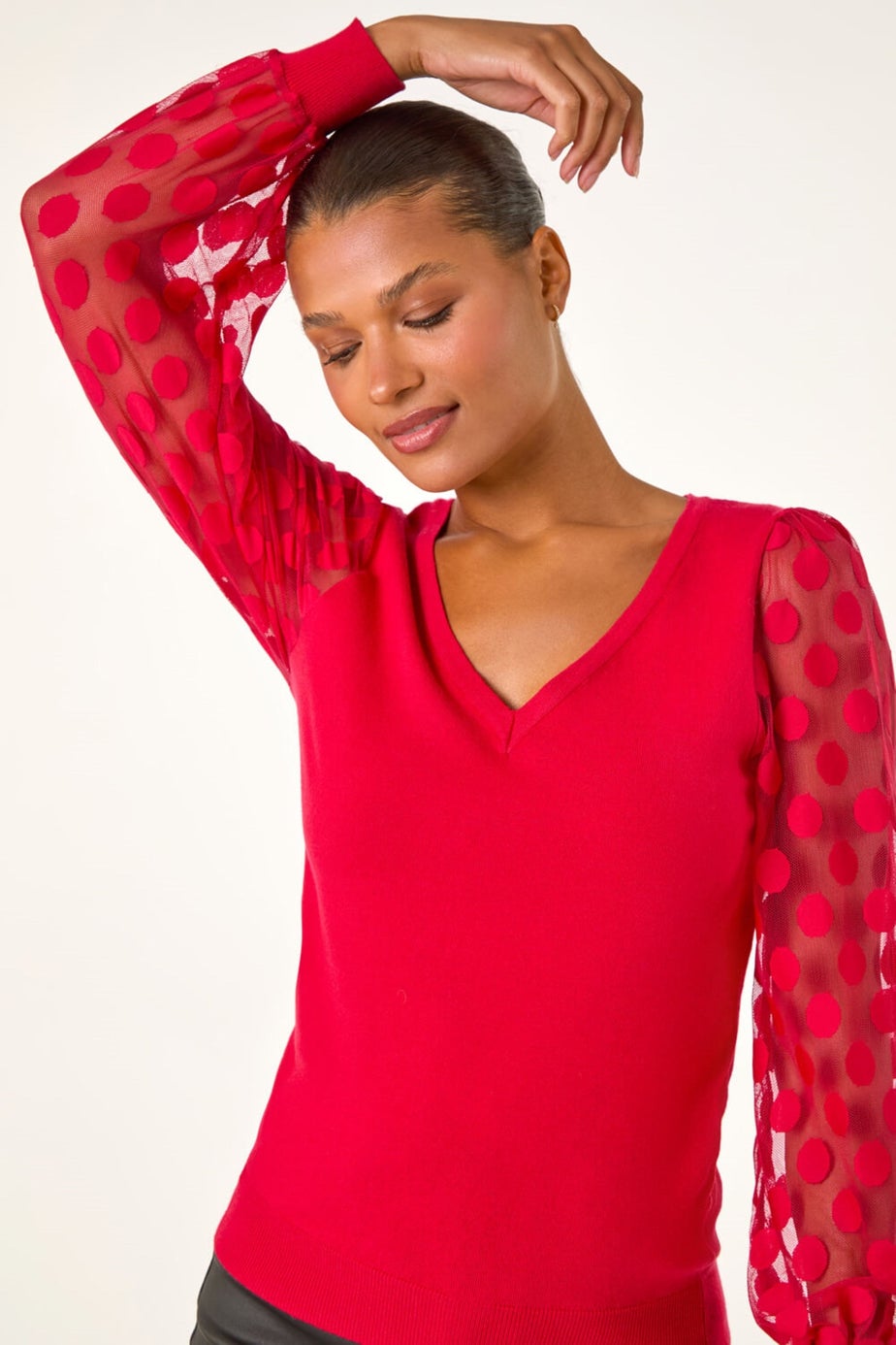 Roman Red Polka Dot V-Neck Sleeve Knit Jumper