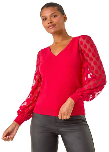 Roman Red Polka Dot V-Neck Sleeve Knit Jumper