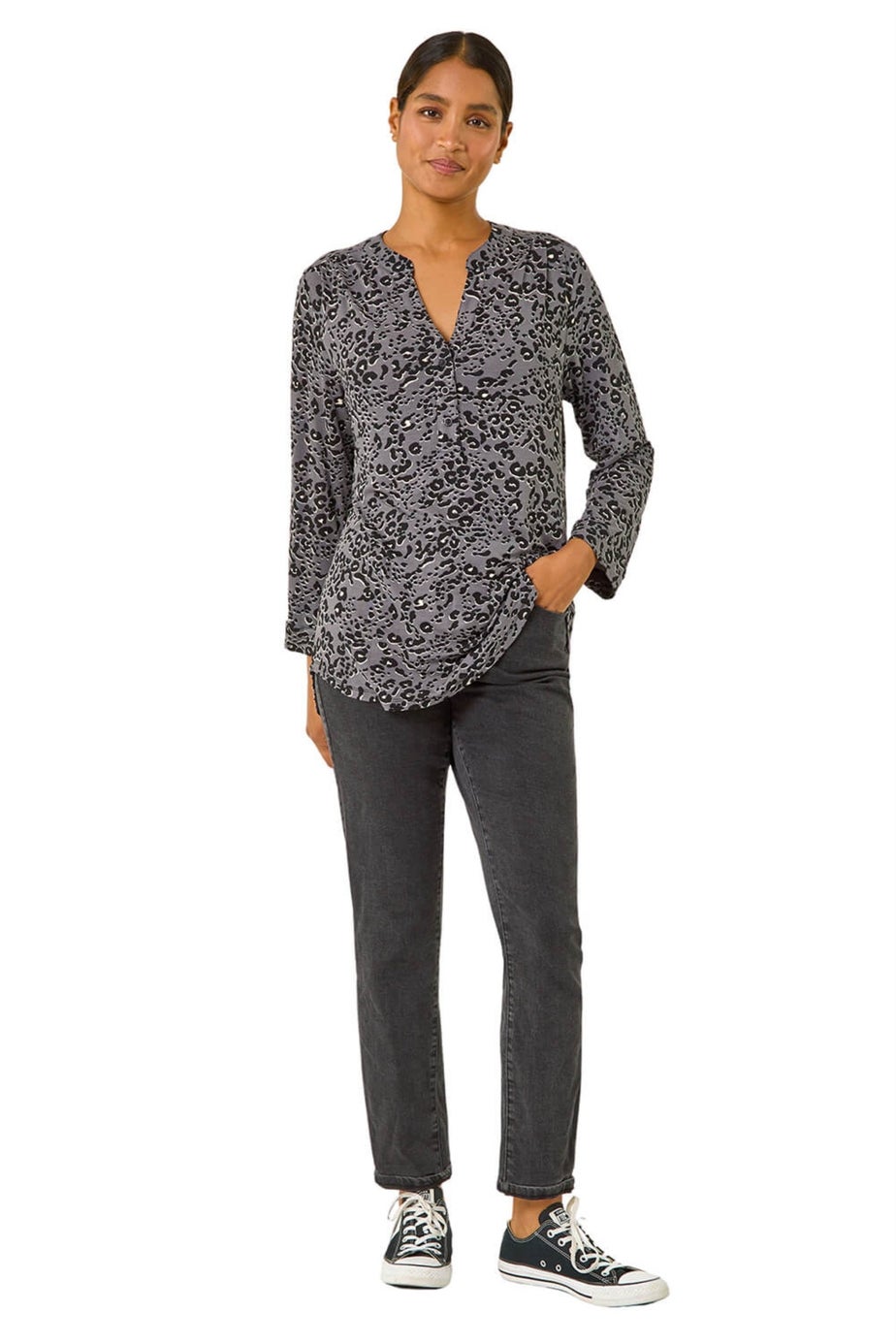 Roman Grey Animal Print Stretch Blouse