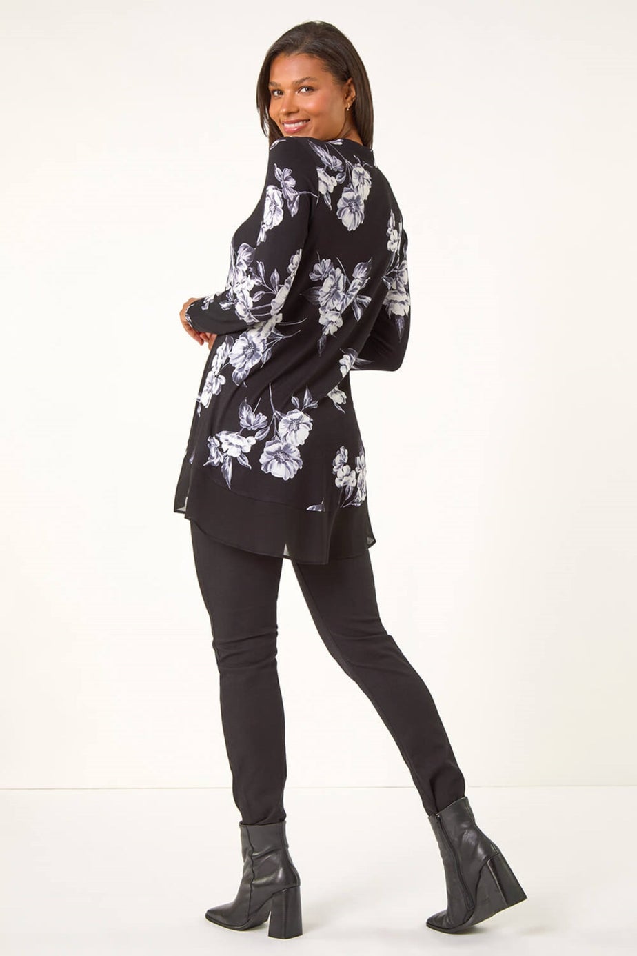 Roman Black Floral Print V-Neck Chiffon Hem Top