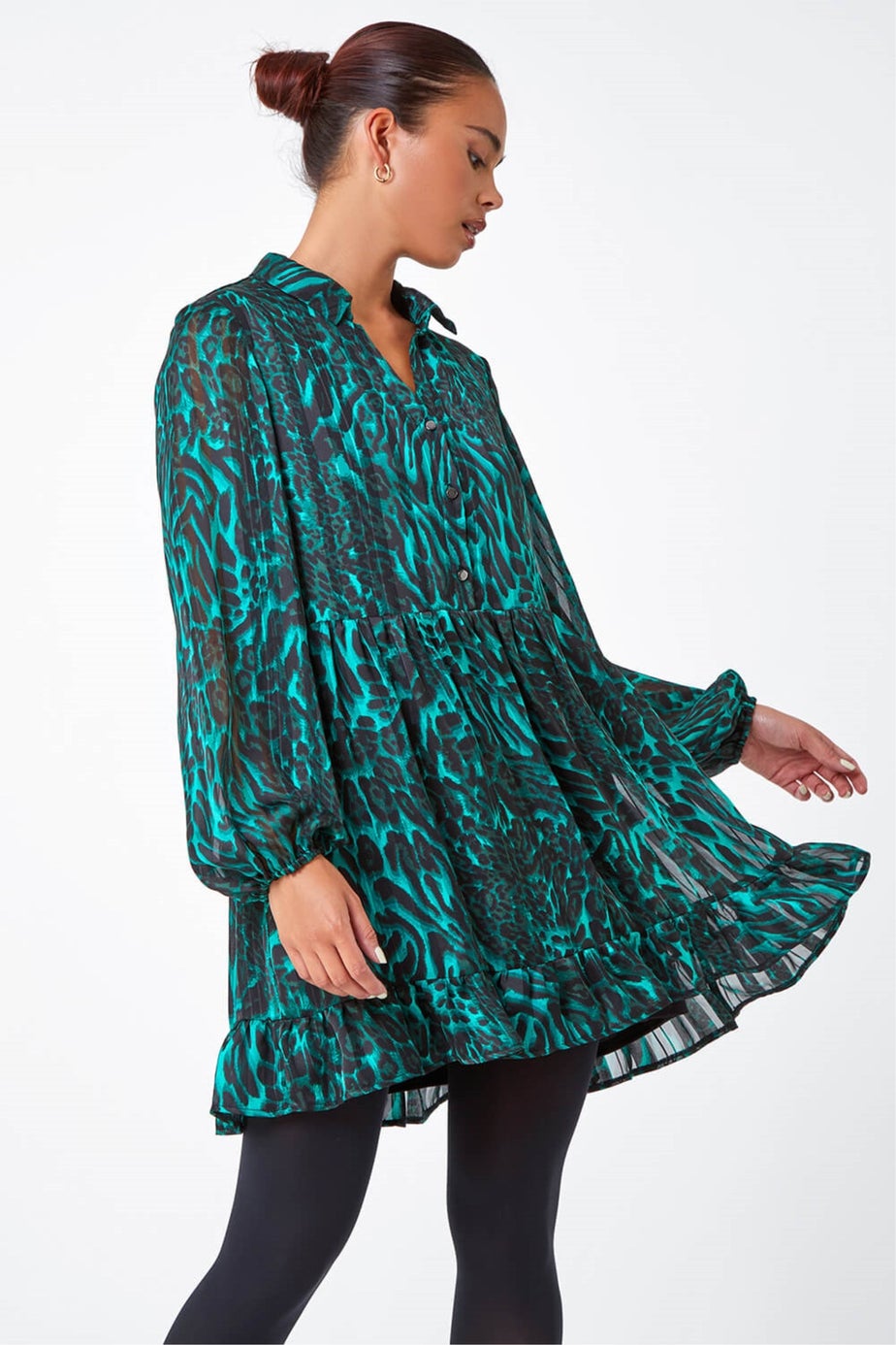 Roman Green Petite Animal Print Frill Hem Dress