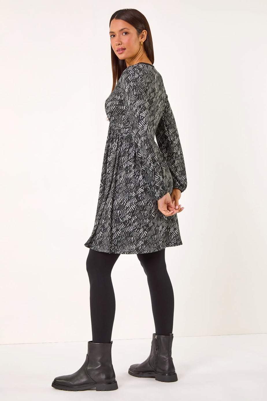 Roman Grey Leaf Print V-Neck Stretch Dress