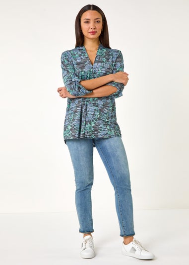 Roman Blue V-Neck Pleat Front Jersey Top