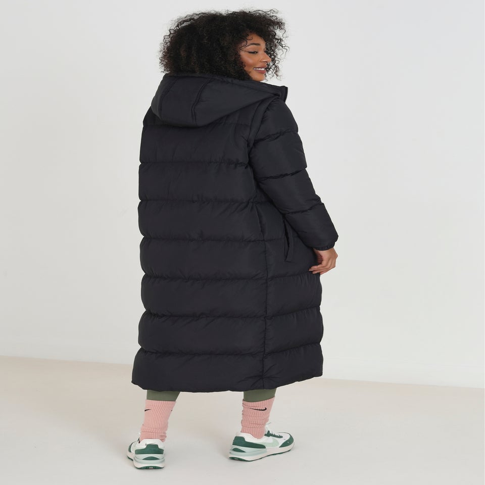 Brave Soul Black Maxi Hooded Puffer Jacket with Detachable Sleeves