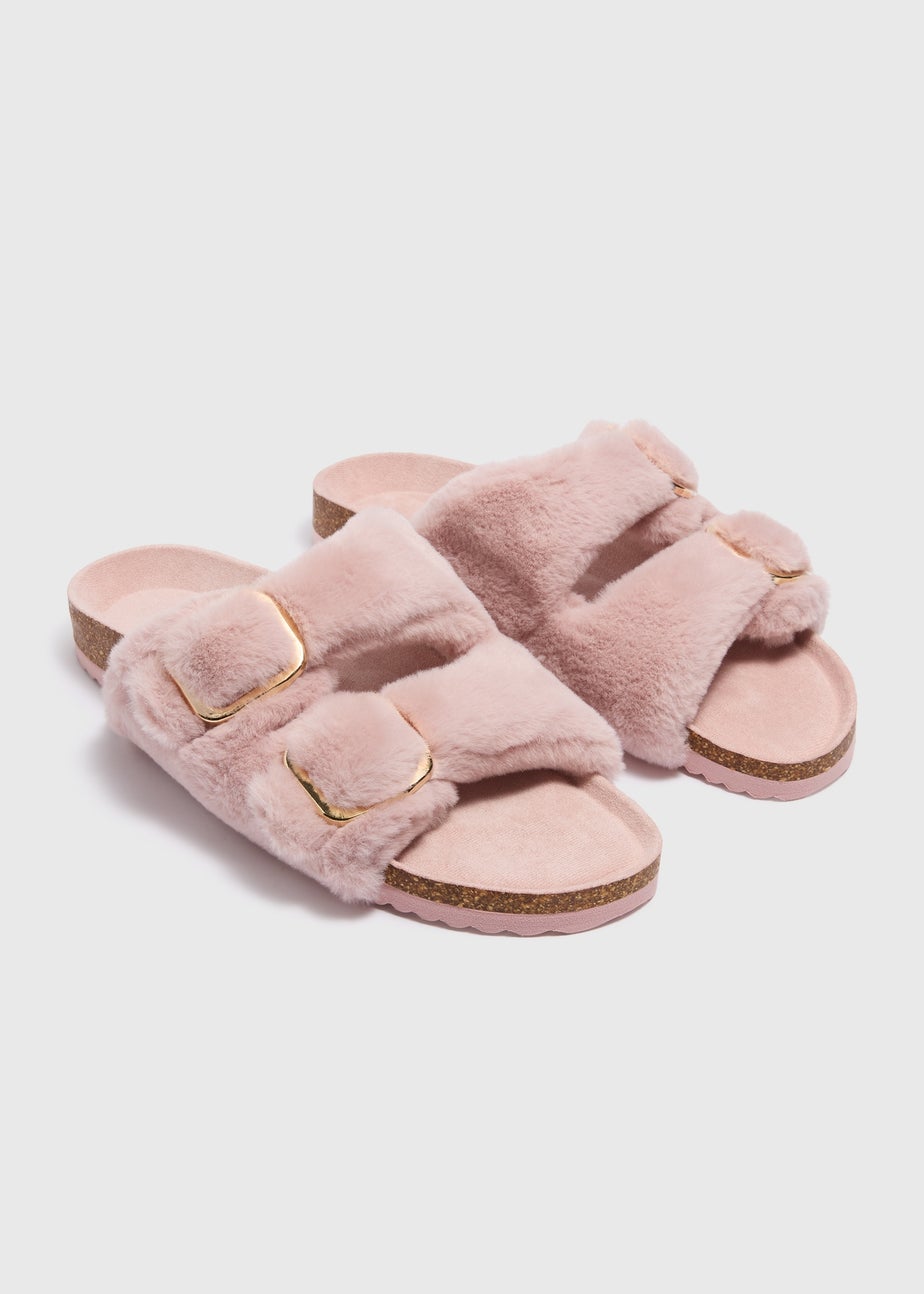 Pink Double Buckle Footbed Slippers