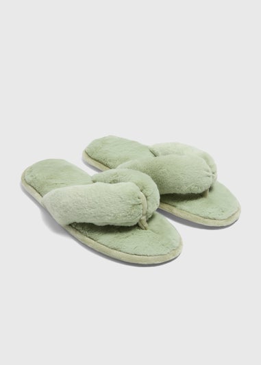 Green Faux Fur Toe Post Slippers