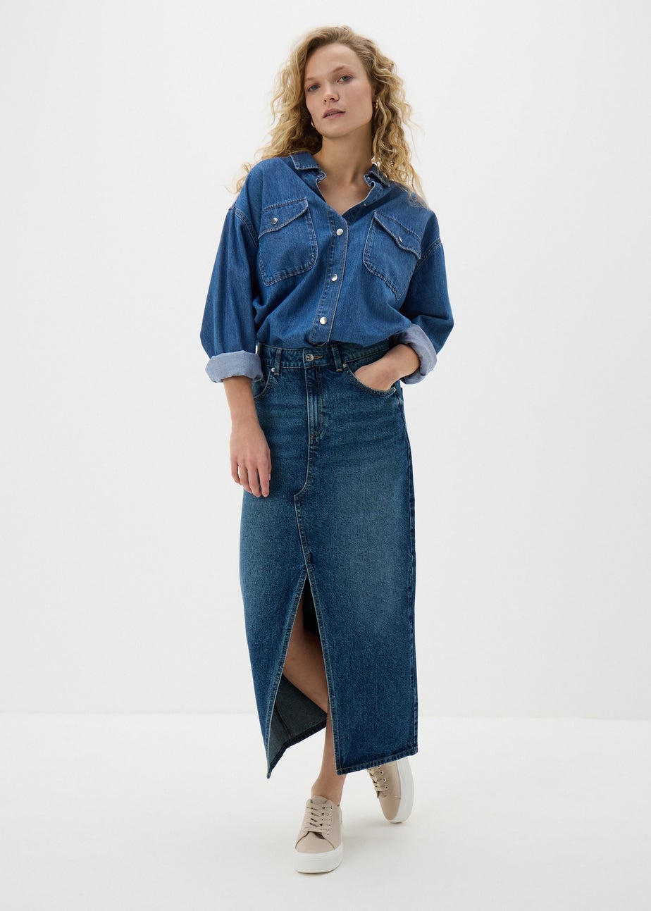 Mid Wash Denim Midi Skirt