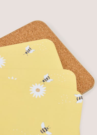 4 Pack Yellow Daisy Bee Cork Coasters