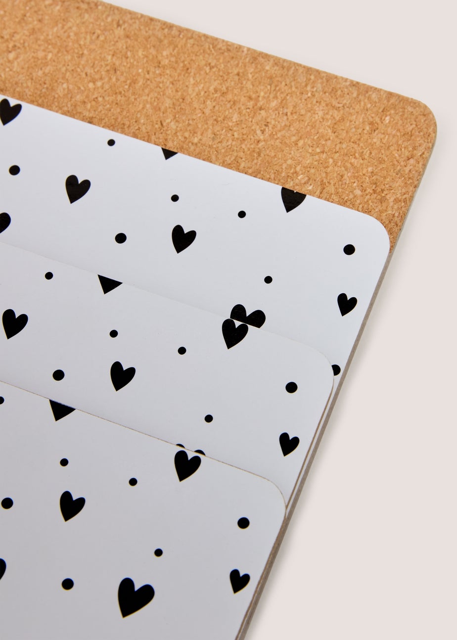 4 Pack White & Black Heart Cork Placemats