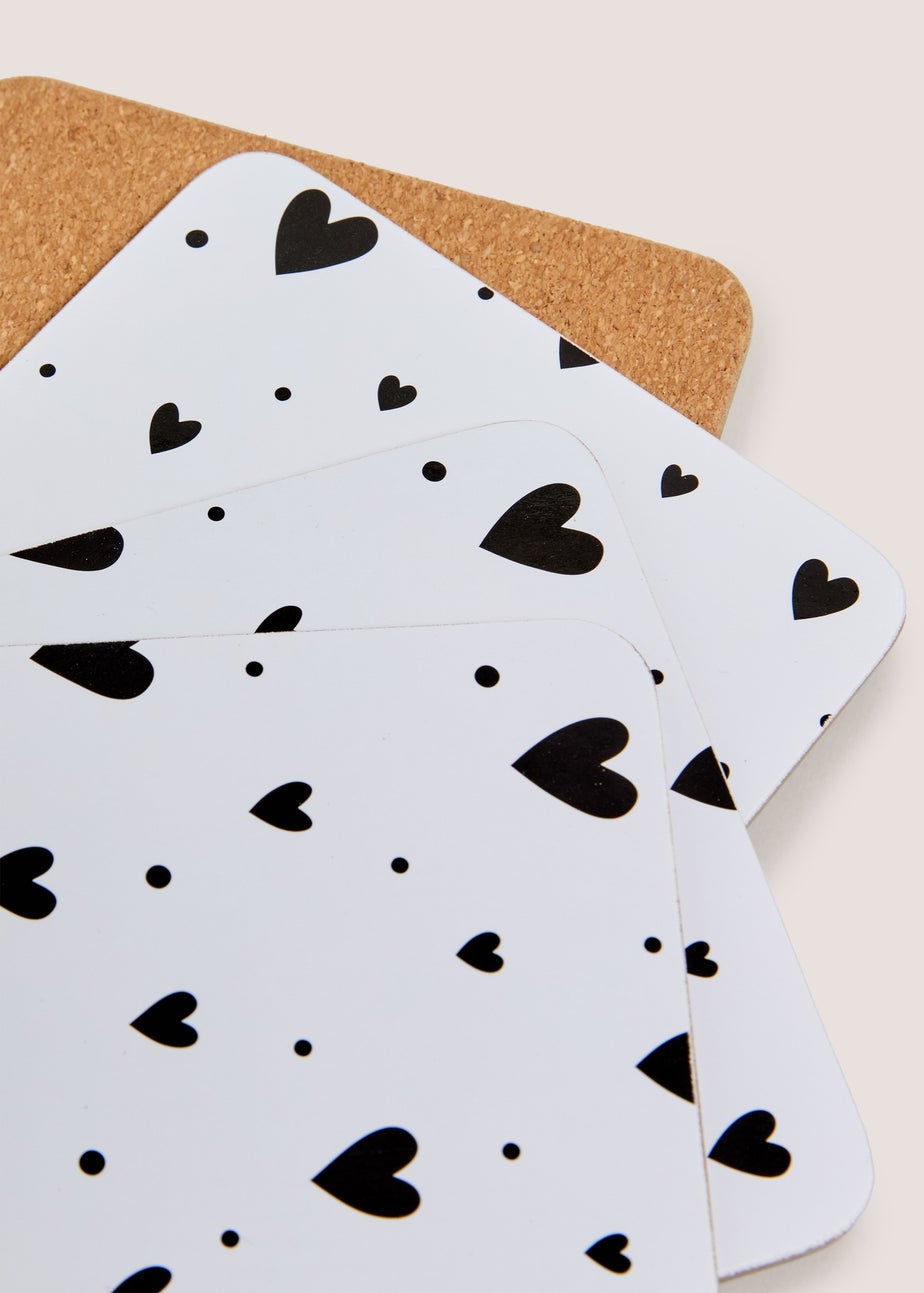 4 Pack White & Black Heart Cork Coasters
