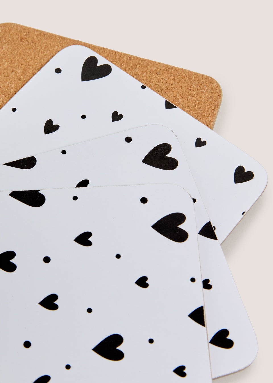 4 Pack White & Black Heart Cork Coasters