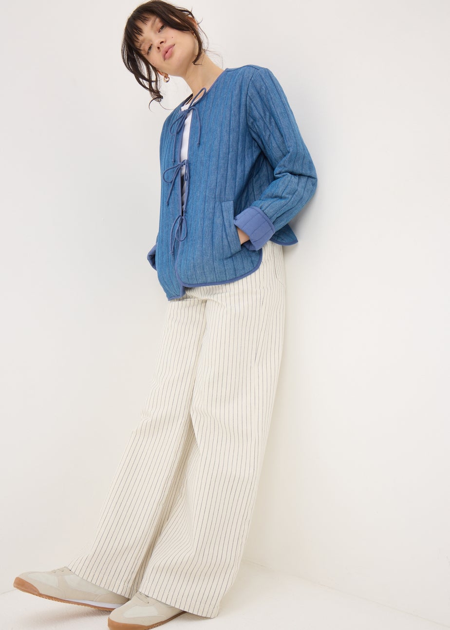 Blue Quilted Denim Tie Front Jacket