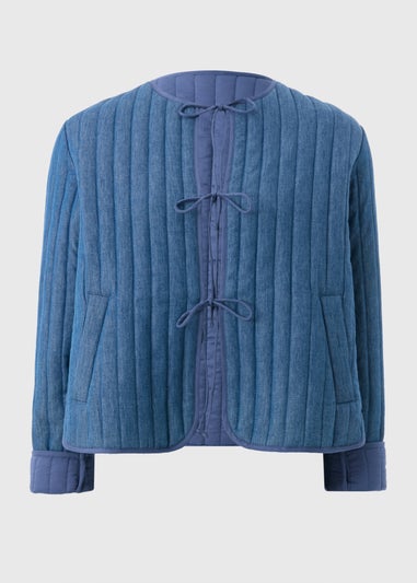 Blue Quilted Denim Tie Front Jacket