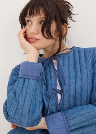 Blue Quilted Denim Tie Front Jacket