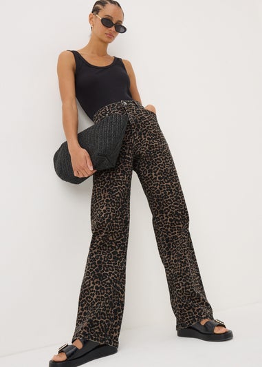 Brown Animal Print Straight Leg Relaxed Jeans