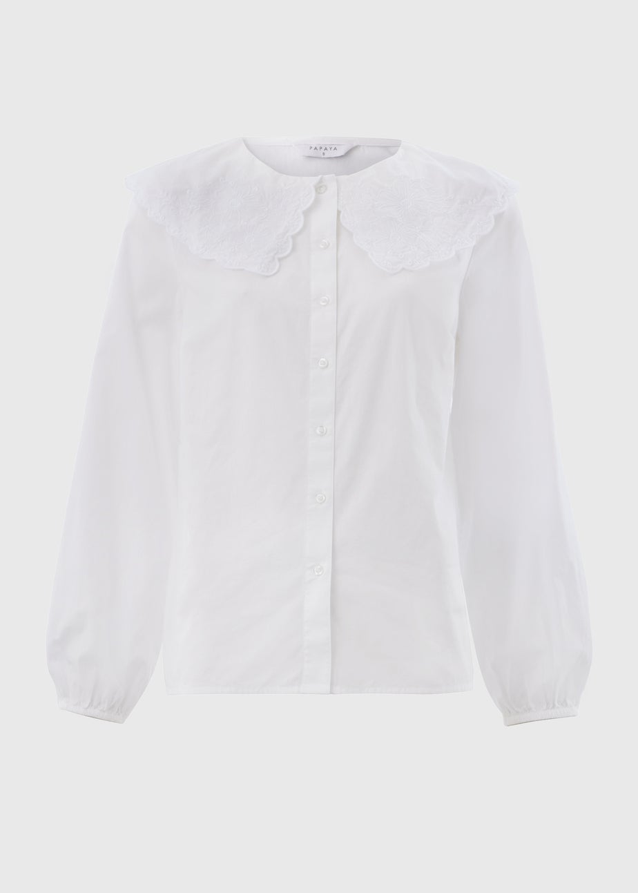 White Embroidered Oversized Collar Shirt