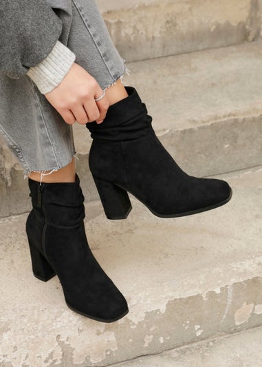 Linzi Mila Black Ruched Square Toe Block Heeled Ankle Boot