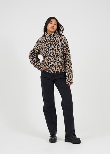 Brave Soul Tan Half Zip Leopard Print Sherpa Fleece