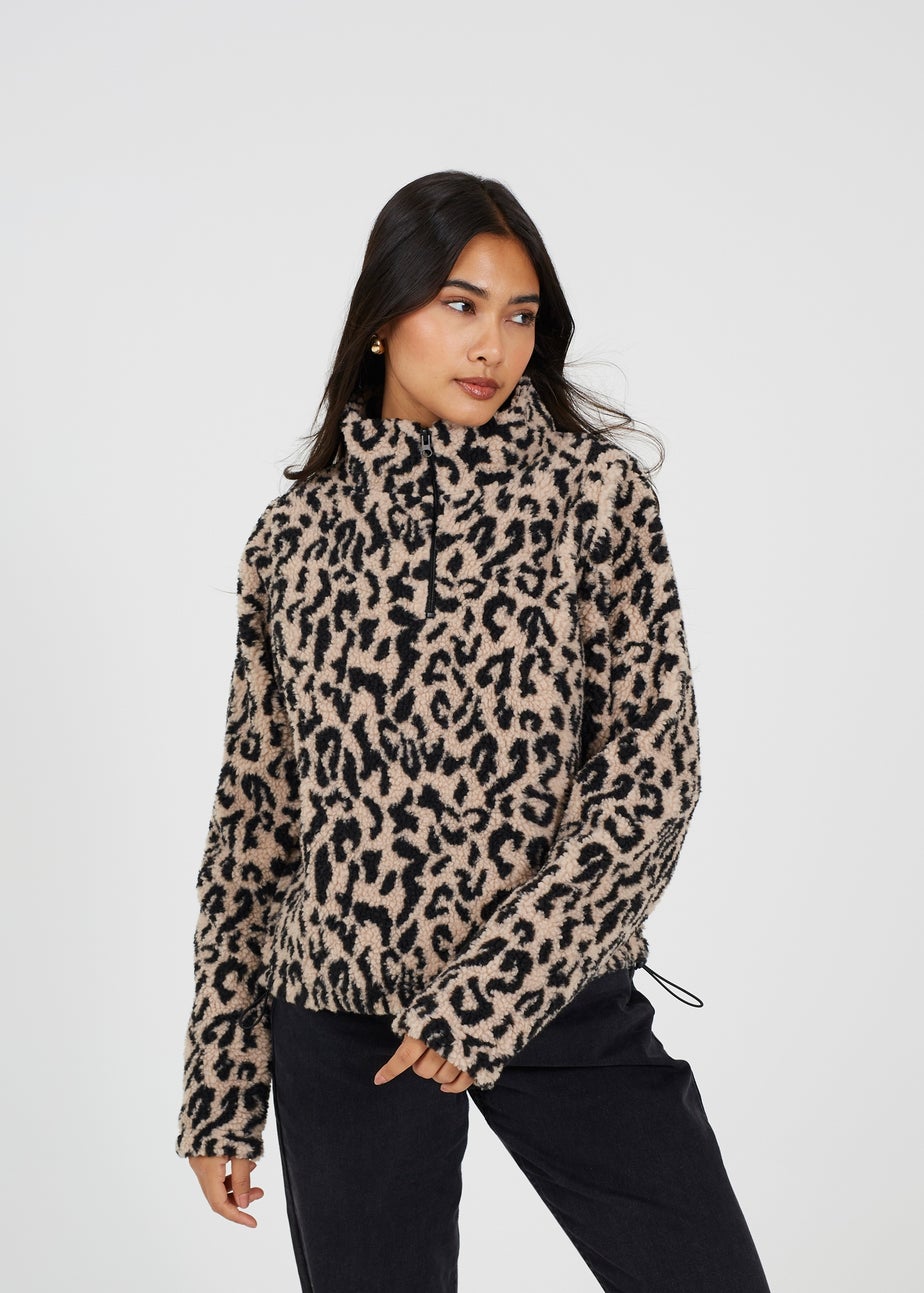 Brave Soul Tan Half Zip Leopard Print Sherpa Fleece