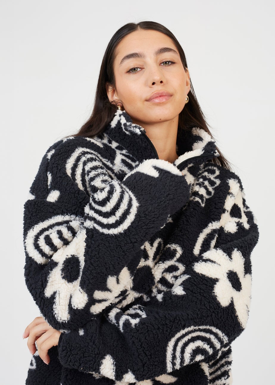 Brave Soul Black Quarter Zip Flower Print Sherpa Fleece