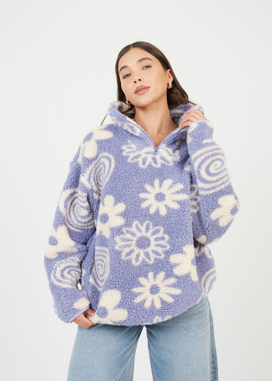 Brave Soul Purple Quarter Zip Flower Print Sherpa Fleece