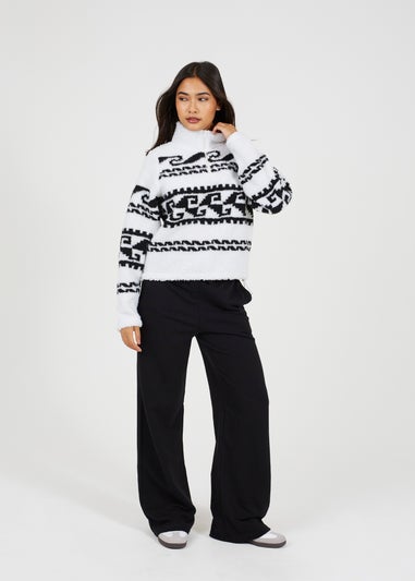 Brave Soul Cream Quarter Zip Printed  Sherpa Fleece