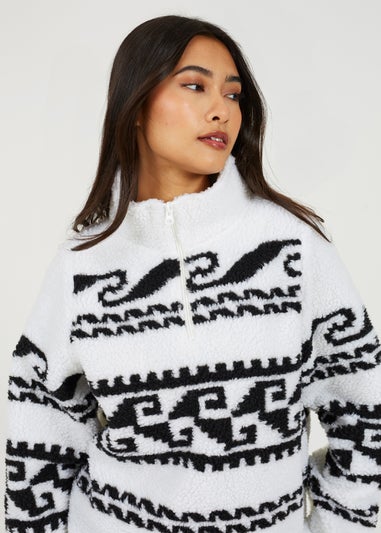 Brave Soul Cream Quarter Zip Printed  Sherpa Fleece