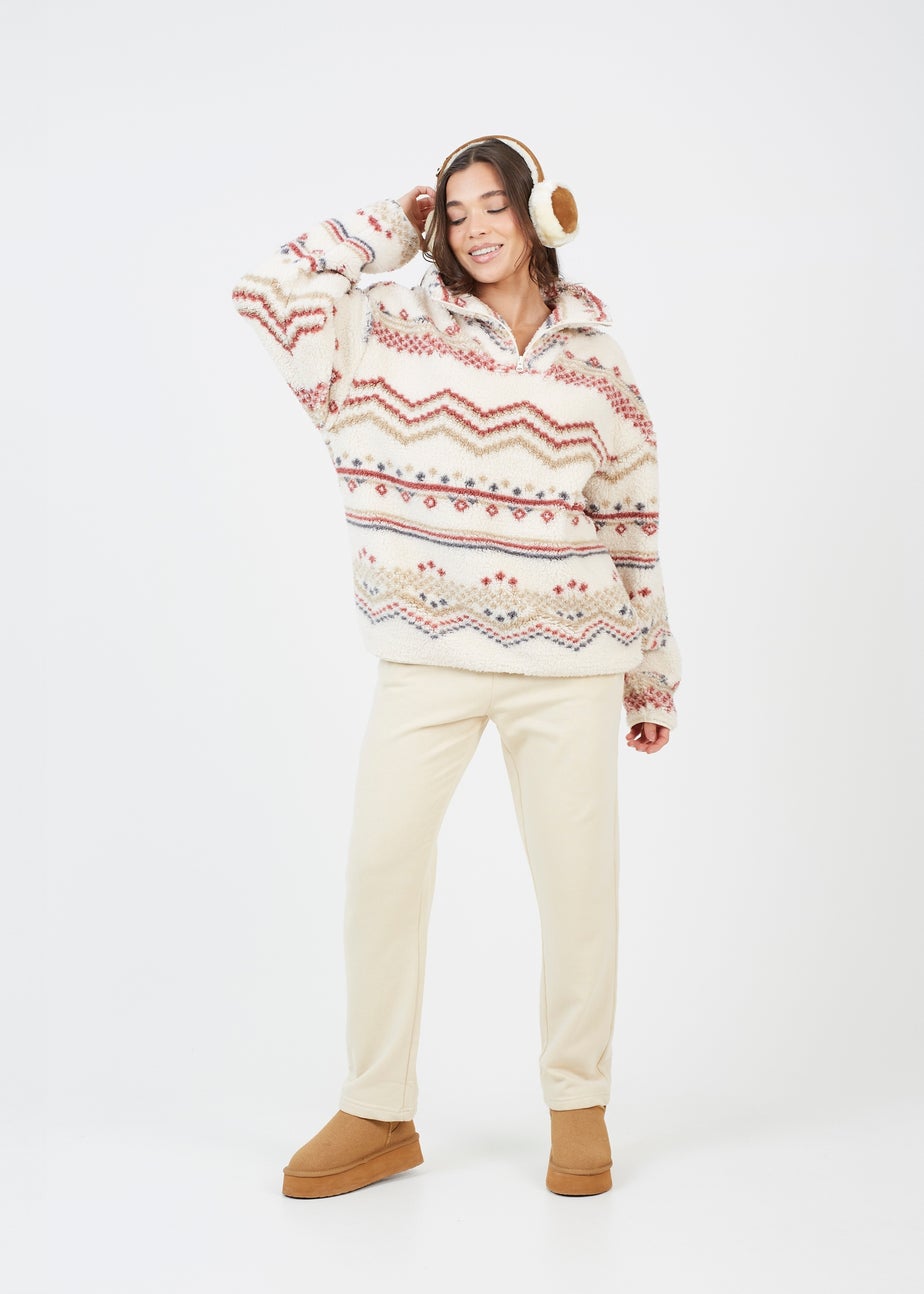 Brave Soul Cream Quarter Zip Printed  Sherpa Fleece