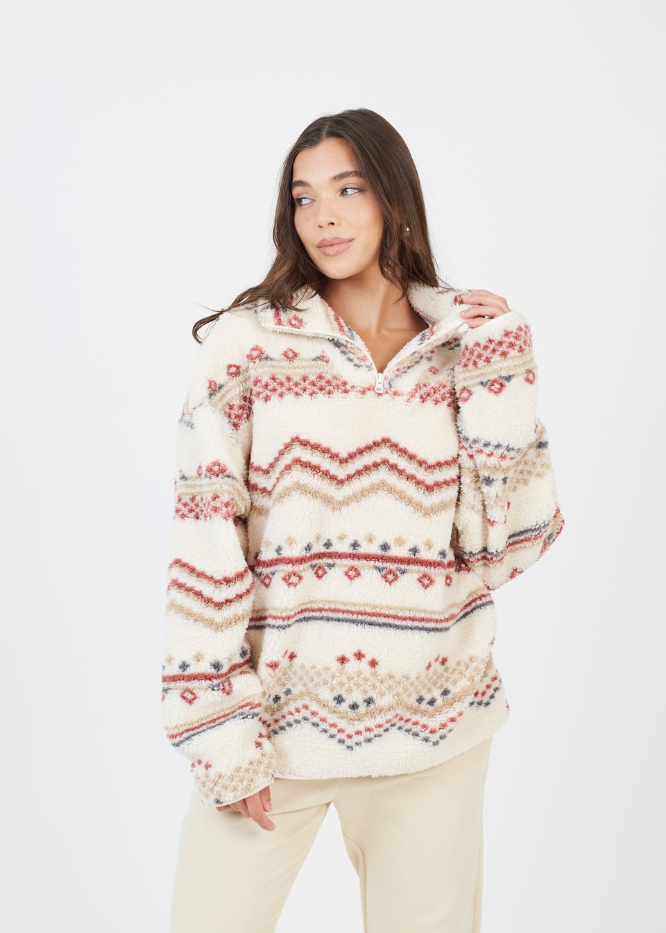 Brave Soul Cream Quarter Zip Printed Sherpa Fleece
