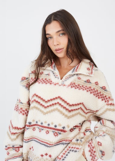 Brave Soul Cream Quarter Zip Printed  Sherpa Fleece