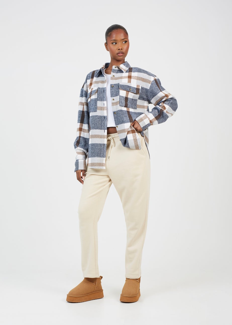 Brave Soul Brown Check Print Long Sleeve Fleece Shirt