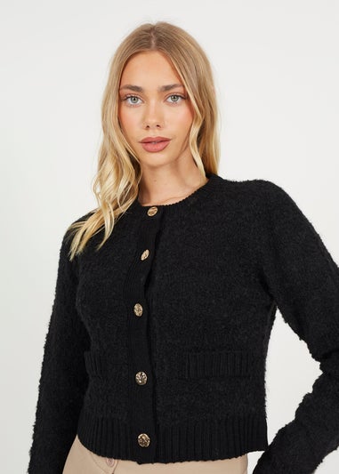 Brave Soul Black Button Through Boucle Cardigan