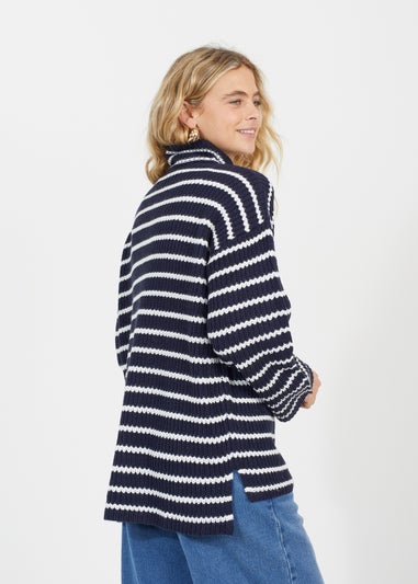 Brave Soul Navy Half Zip Striped Fisherman Knit Jumper