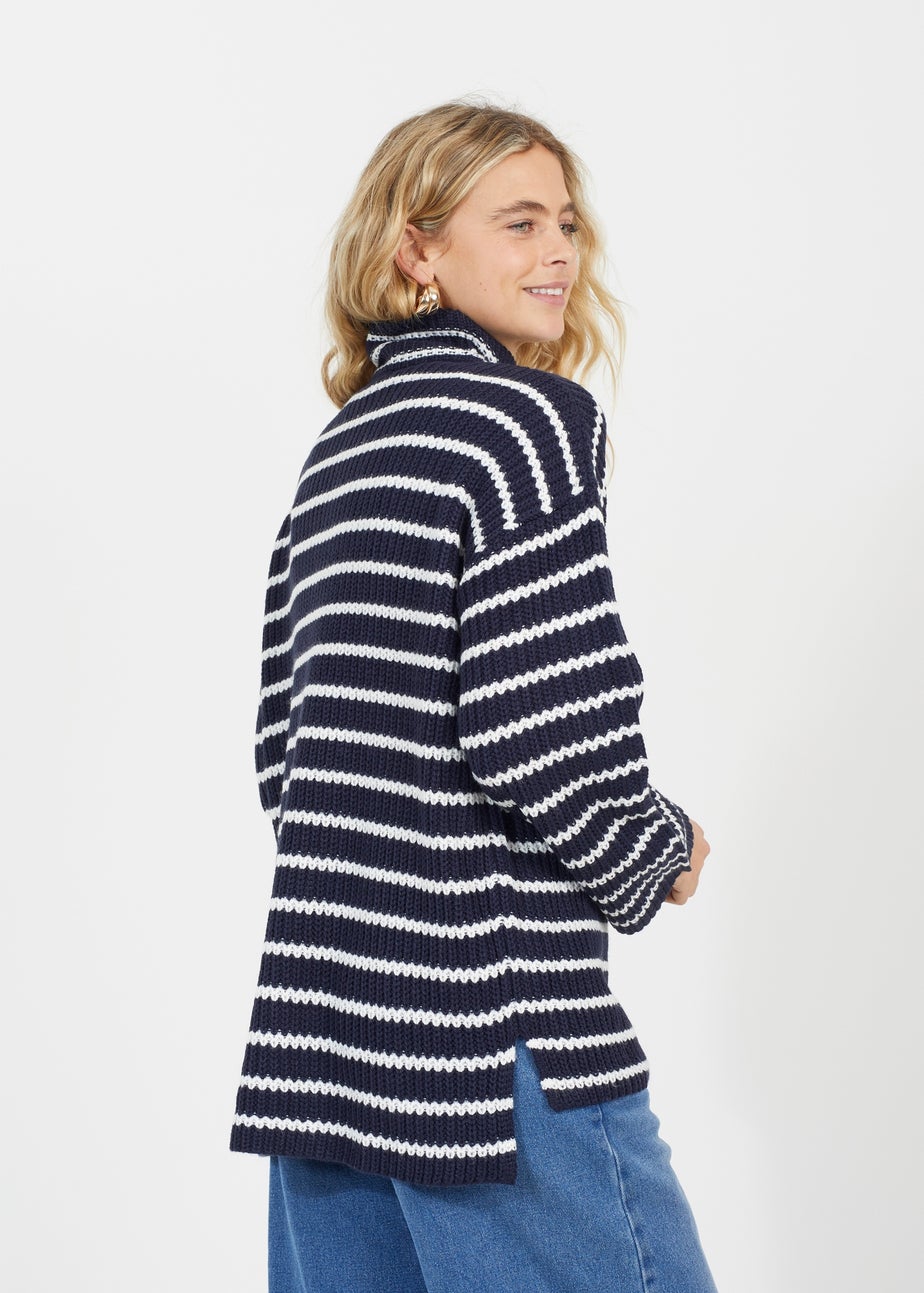 Brave Soul Navy Half Zip Striped Fisherman Knit Jumper