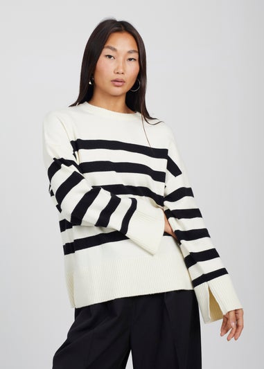Brave Soul Black & Ivory Striped Loose Fit Jumper with Wide Sleeves