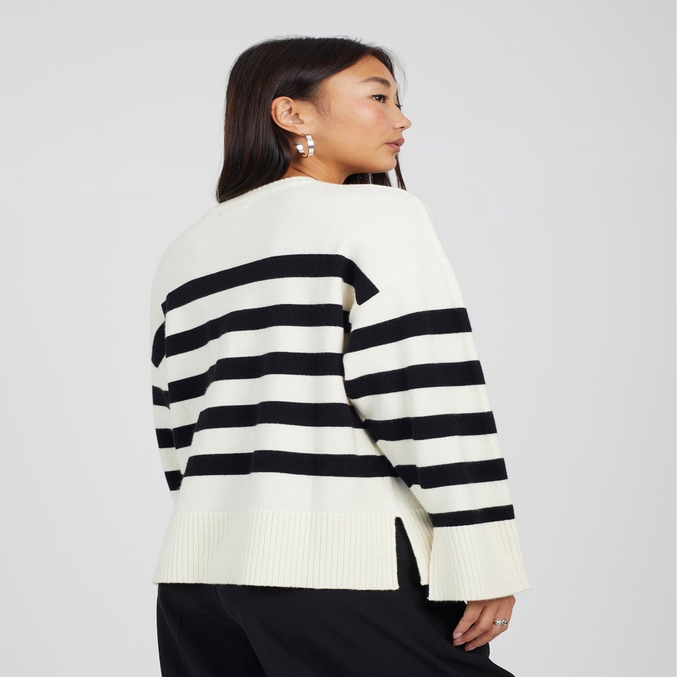 Brave Soul Black & Ivory Striped Loose Fit Jumper with Wide Sleeves