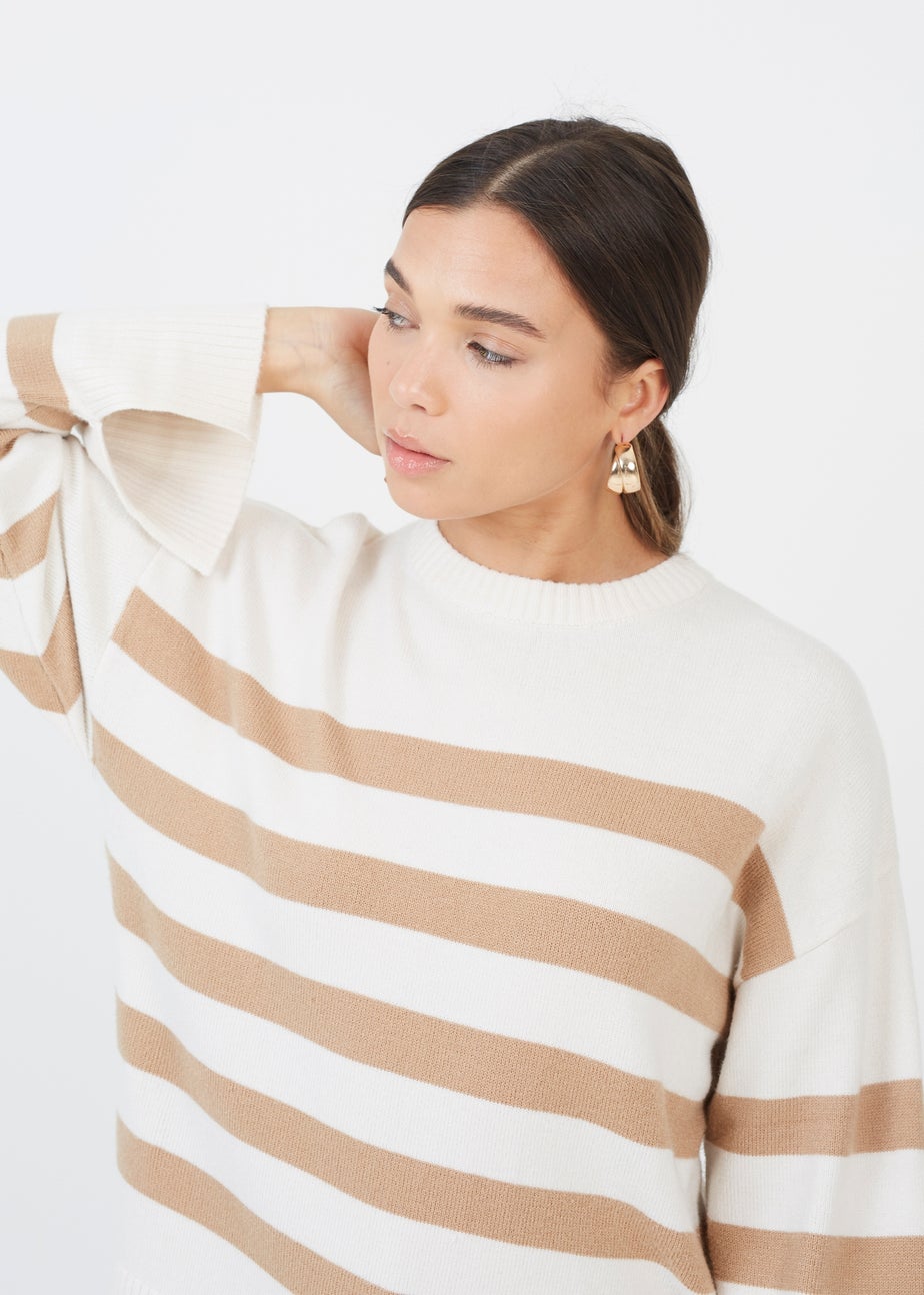 Brave Soul Ivory Striped Loose Fit Jumper with Wide Sleeves