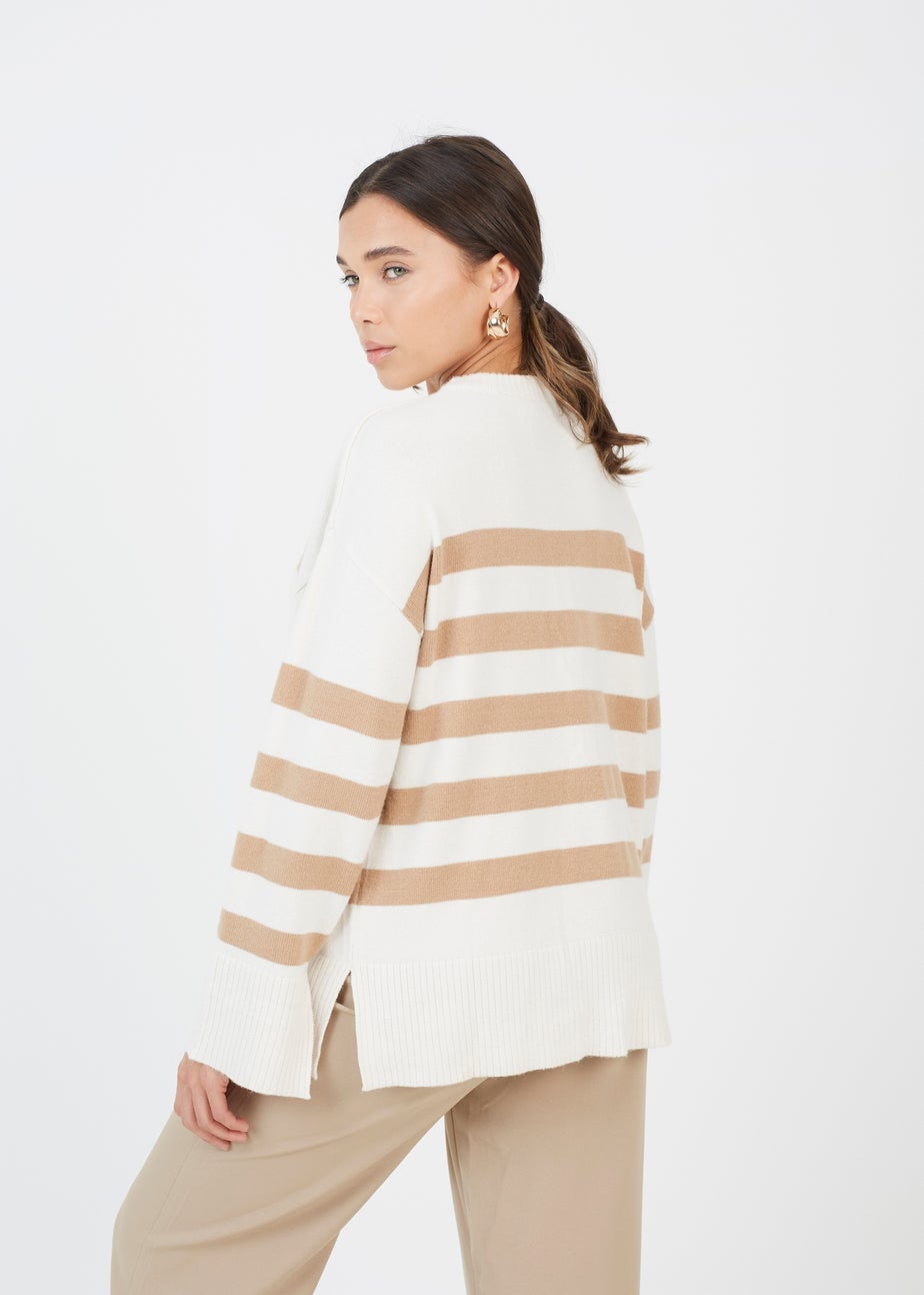 Brave Soul Ivory Striped Loose Fit Jumper with Wide Sleeves
