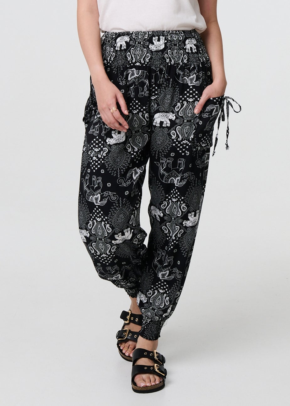 Izabel London Black Elephant Print Relaxed Harem Pants