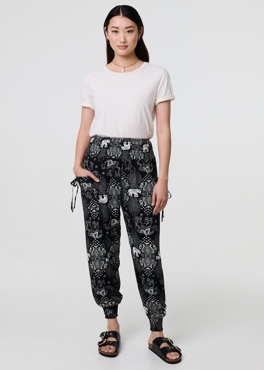 Izabel London Black Elephant Print Relaxed Harem Pants