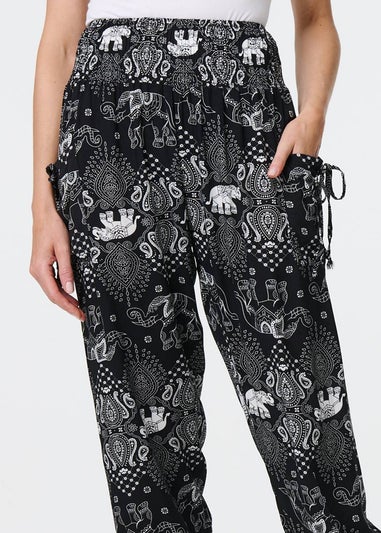 Izabel London Black Elephant Print Relaxed Harem Pants