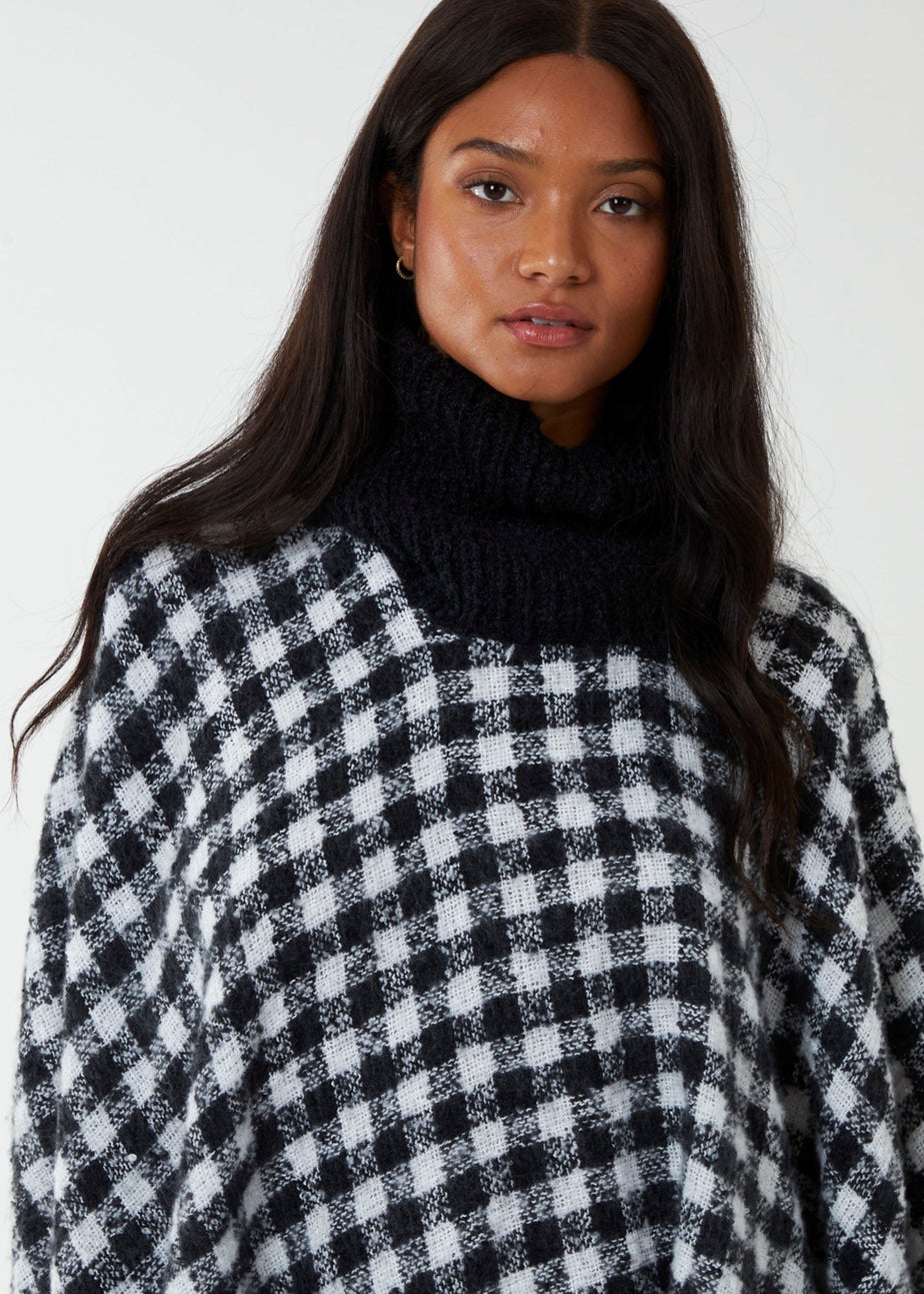 Blue Vanilla Black Check Roll Neck Poncho