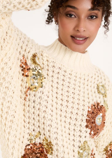 Blue Vanilla Cream Sequin Flower Knit Jumper