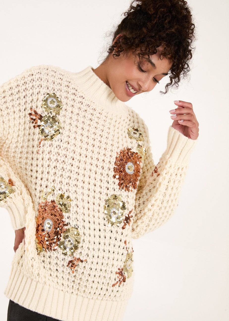 Blue Vanilla Cream Sequin Flower Knit Jumper